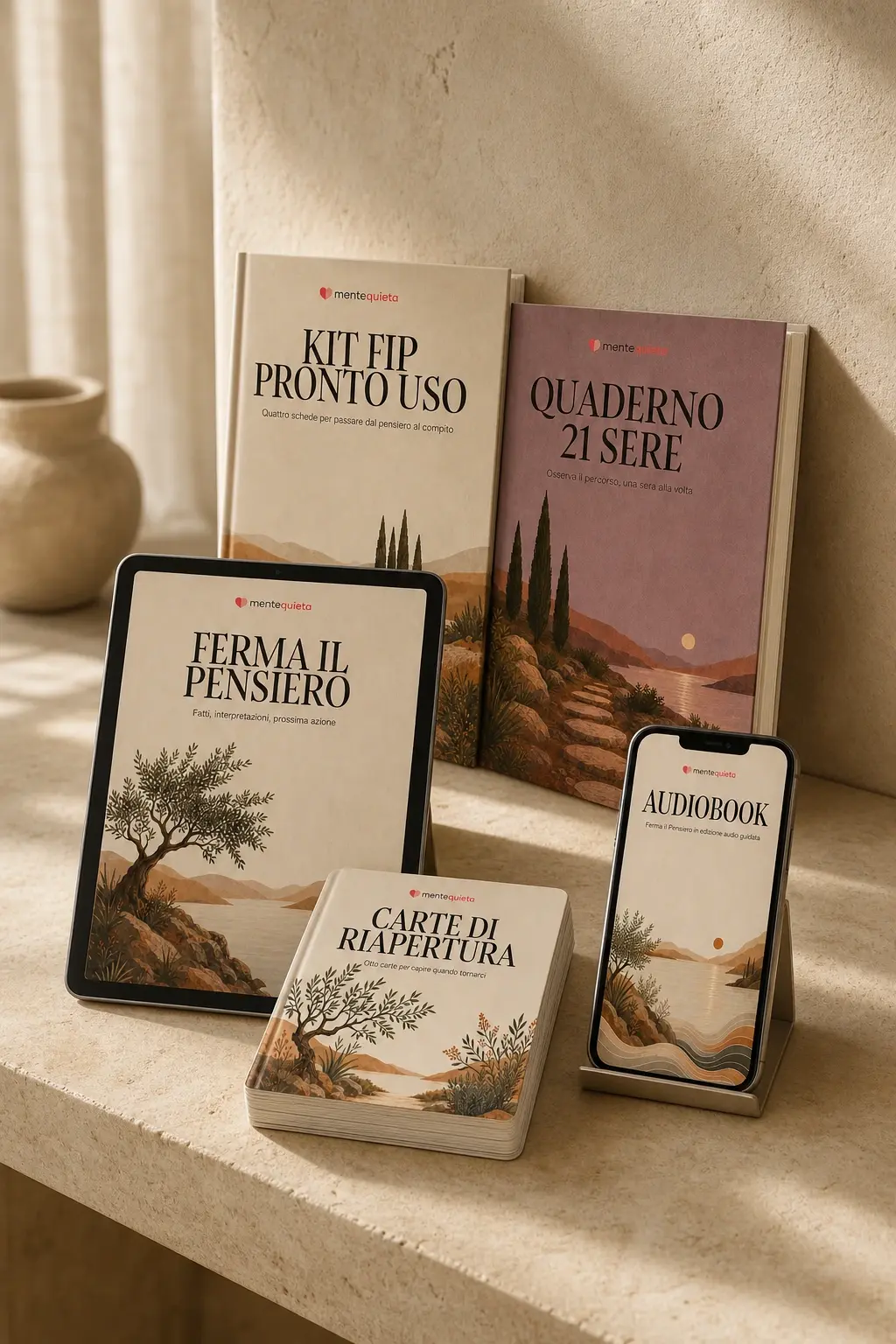 I cinque formati di Ferma il Pensiero appoggiati su una console: guida, Kit FIP, Quaderno 21 sere, Carte di riapertura e Audiobook