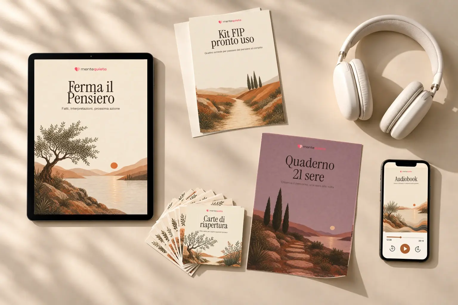 Il kit digitale Ferma il Pensiero: guida su tablet, schede e Quaderno stampabili, Carte di riapertura a ventaglio e audio su smartphone con cuffie