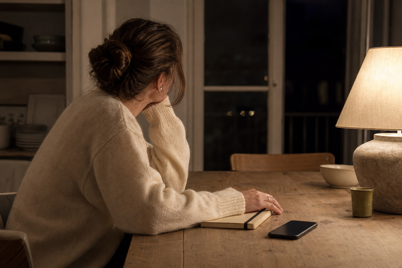 Una donna seduta a tavola la sera, con il telefono appoggiato e il quaderno chiuso