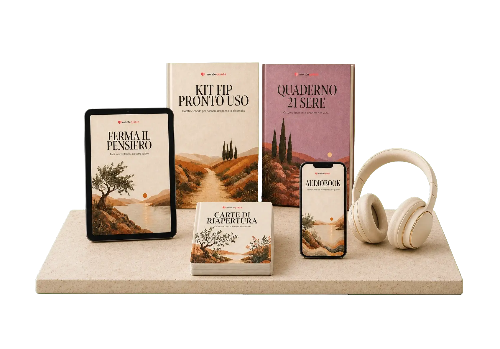 Ferma il Pensiero con Kit FIP, Quaderno 21 sere, carte quadrate, audiobook e cuffie appoggiati su una lastra in travertino