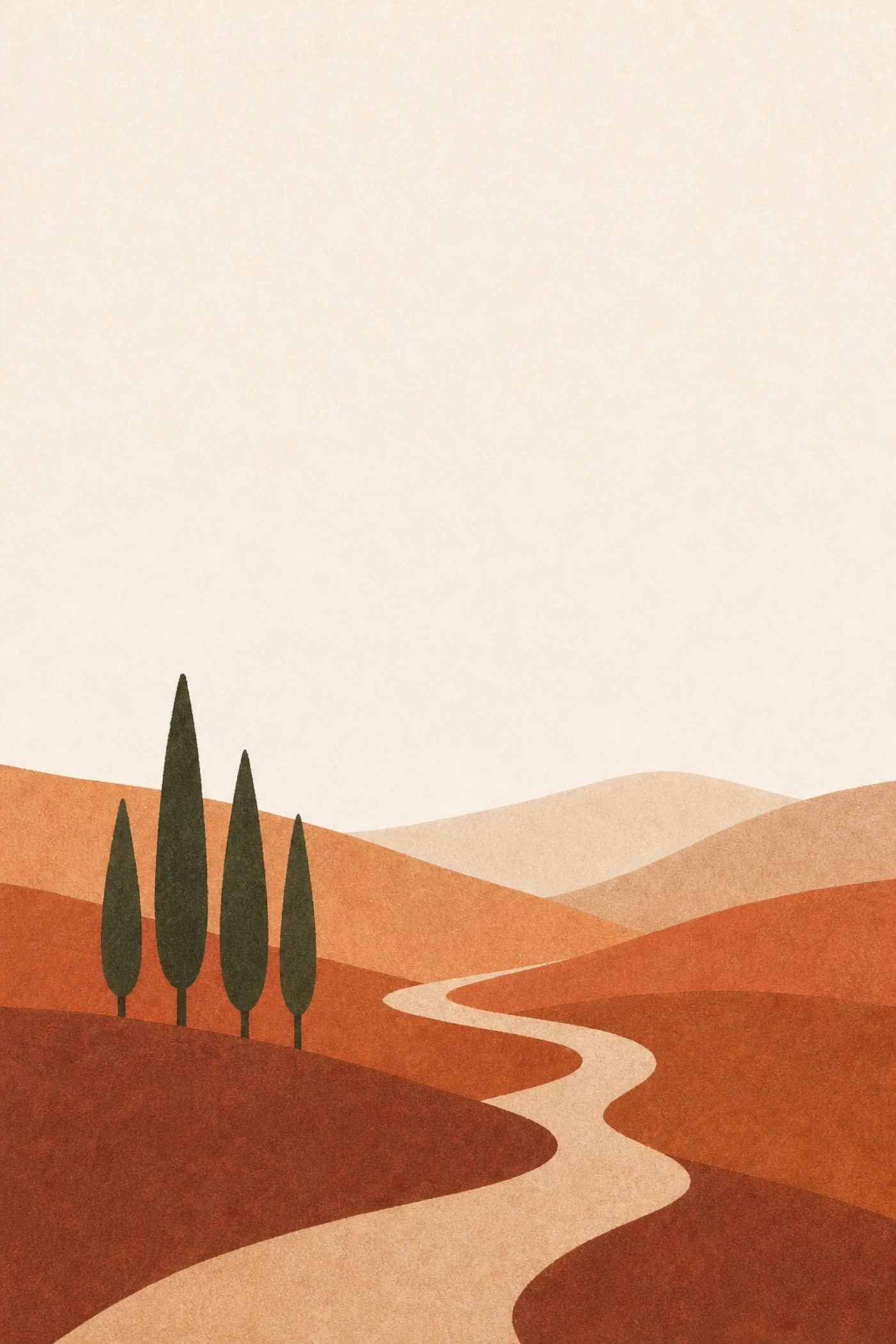 Un sentiero attraversa colline terracotta e torna verso l’orizzonte